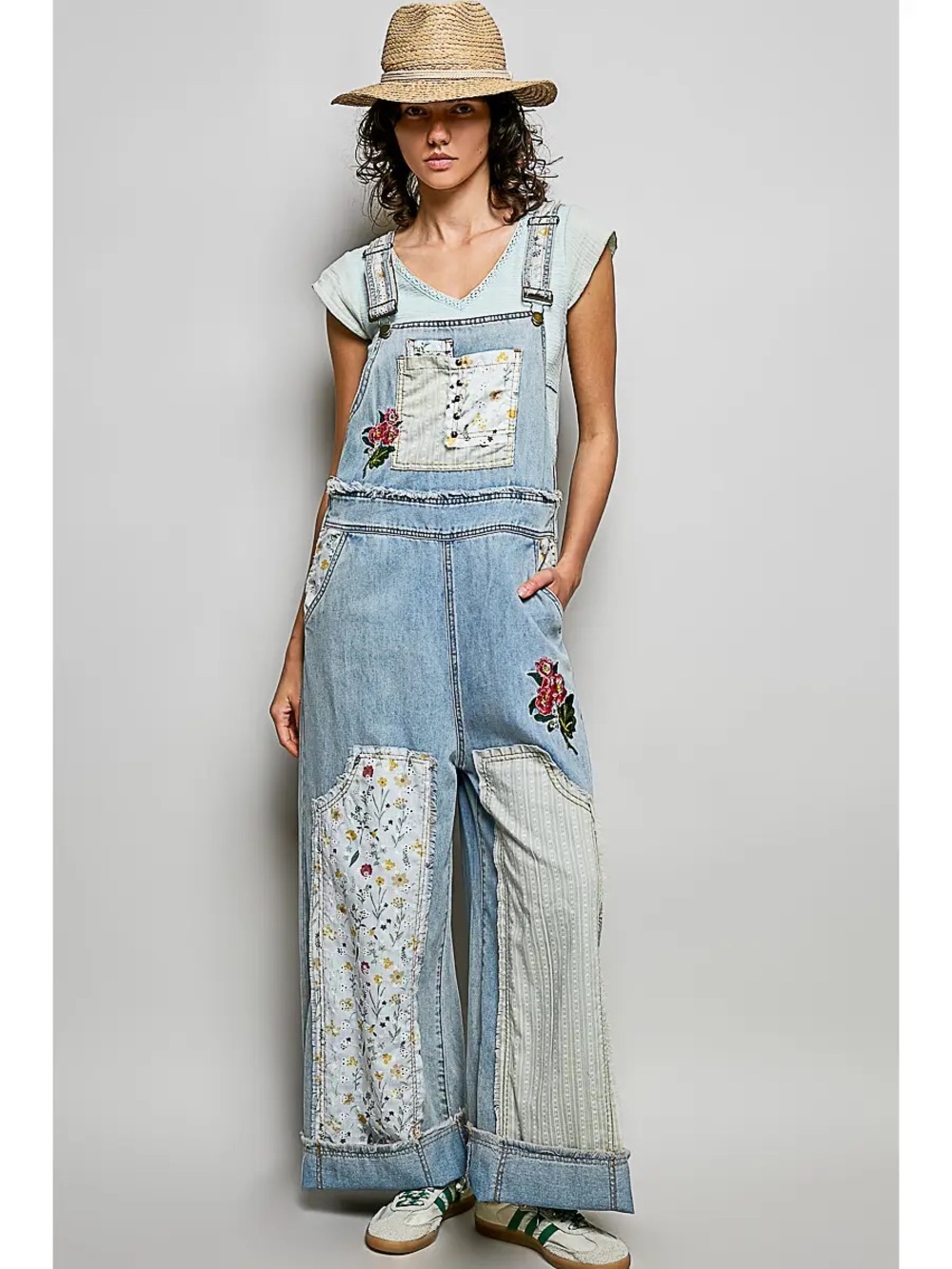 POL Oversized Fit Floral Patchwork Embroidery Overall - NWT